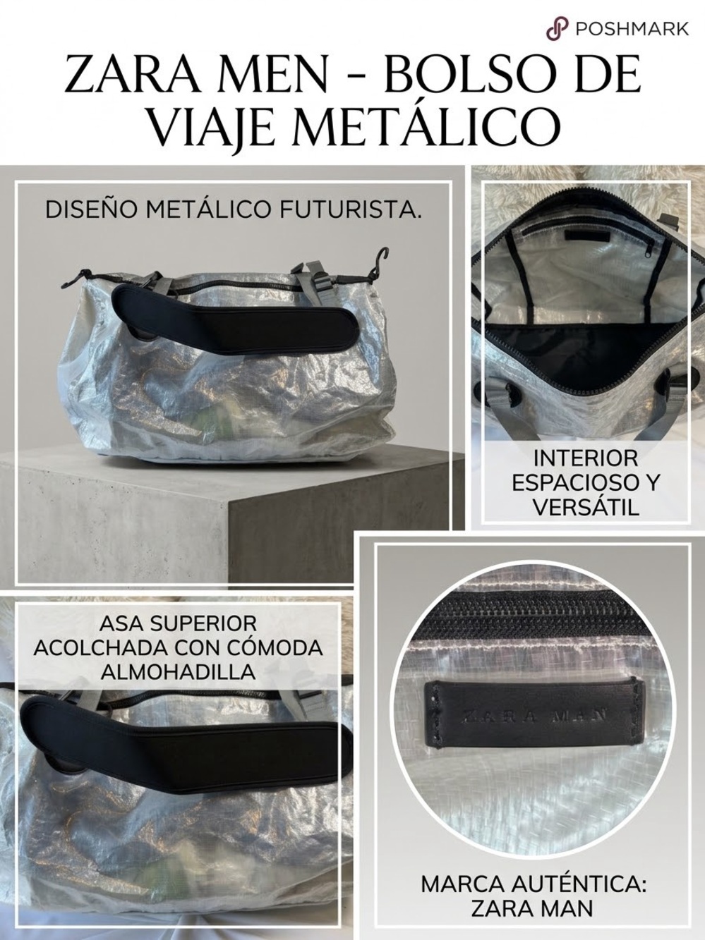 Zara Men Silver Metallic Duffel Bag with Black Handles